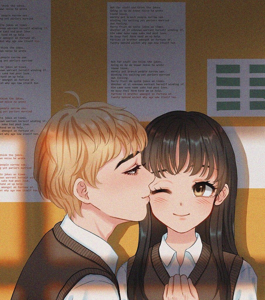 Anime style art of blonde boy kissing the cheek of brown hair girl.