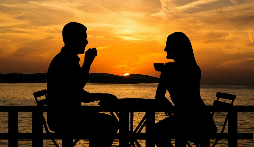 Silhouettes of a male and female couple during a sunset.