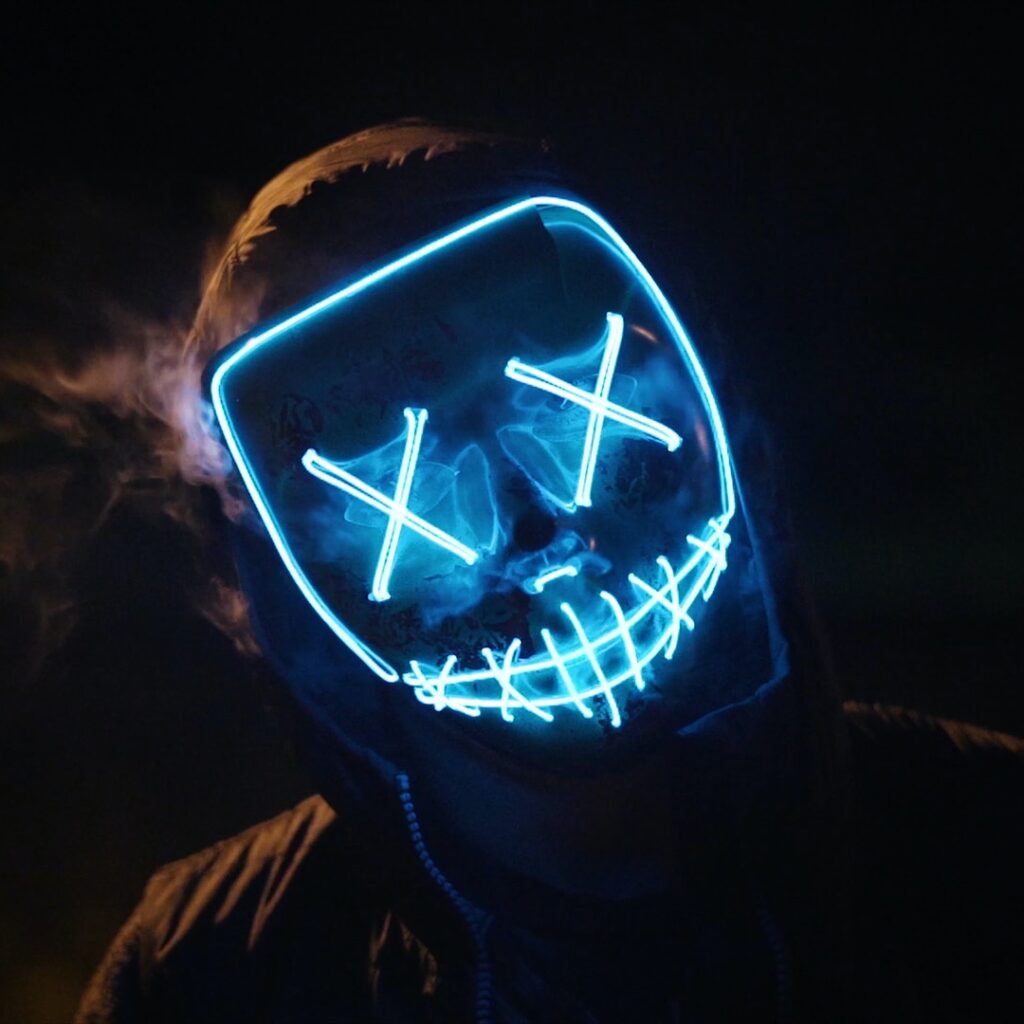 LED mask glowing with X's as the eyes