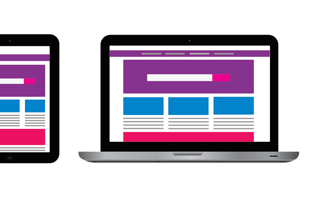 Graphic of website layout on tablet, laptop, and mobile devices.