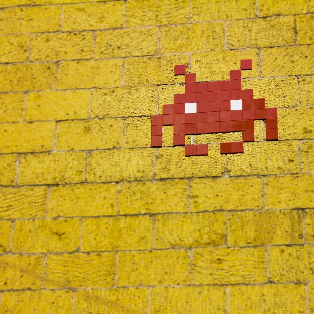 yellow wall displaying red video game villain