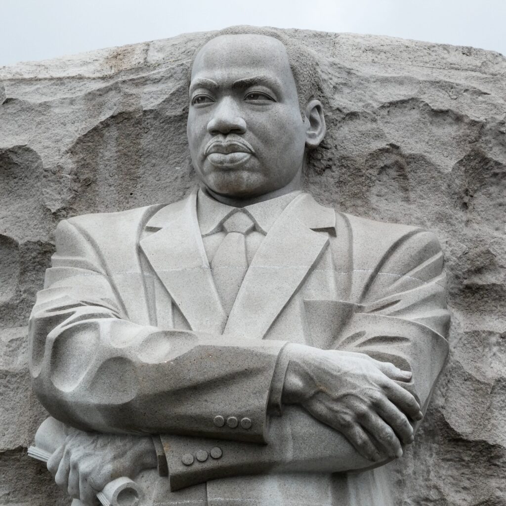 An up-close shot of a statue of Martin Luther King Jr. 