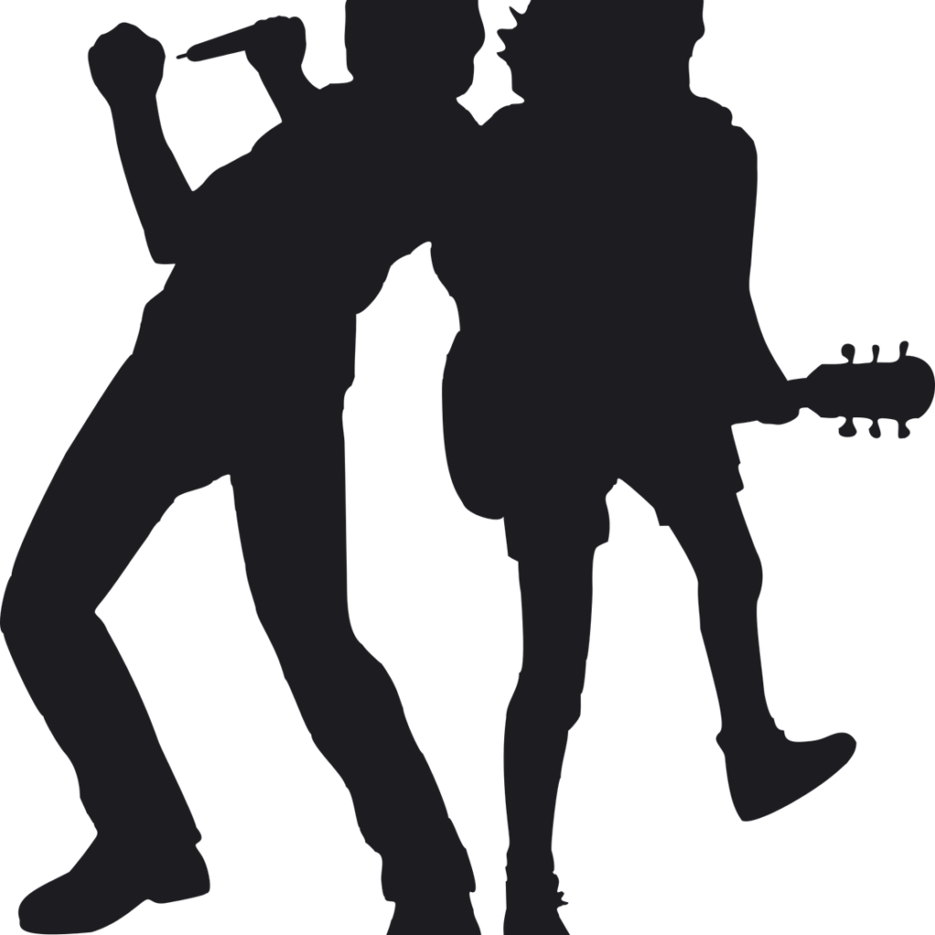 One silhouettes playing a guitar and another silhouette singing.