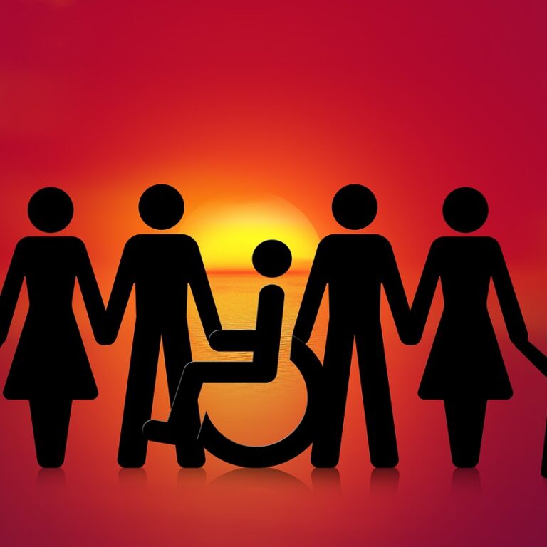 Figures holding hands and promoting inclusivity.