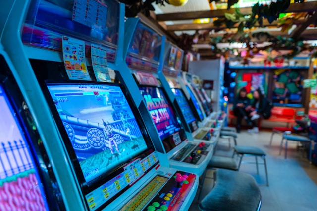 Arcade with games with controllers, and presumably a rhythm game.