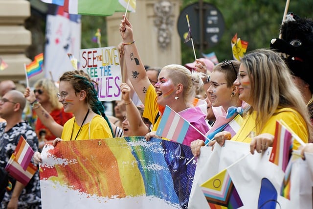 LGBTQ+ parade featuring pride flags. 