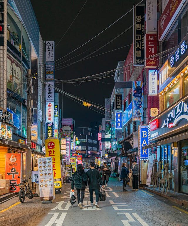 South Korea street with hangul signs and American English word "BAR".