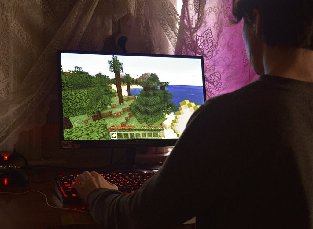 Gamer playing Minecraft.