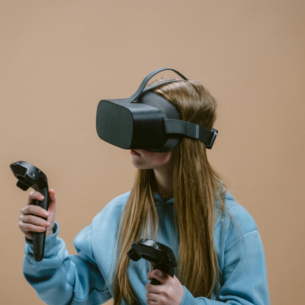 Close-Up shot of a woman playing with a virtual reality headset