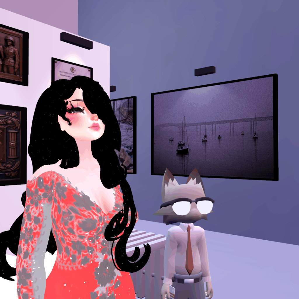 VR Chat avatars looking at images in the virtual gallery