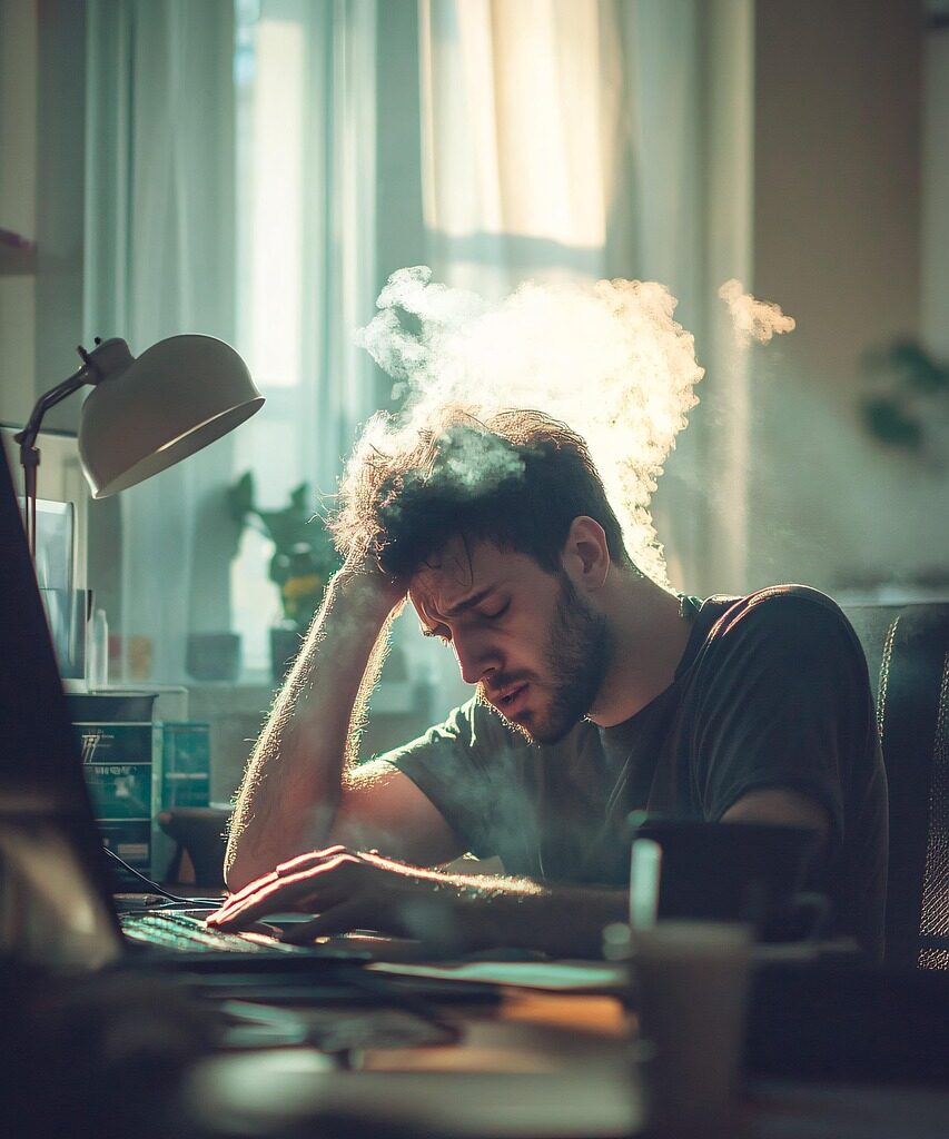 Man with hand to head, distressed staring at book and papers on desk
