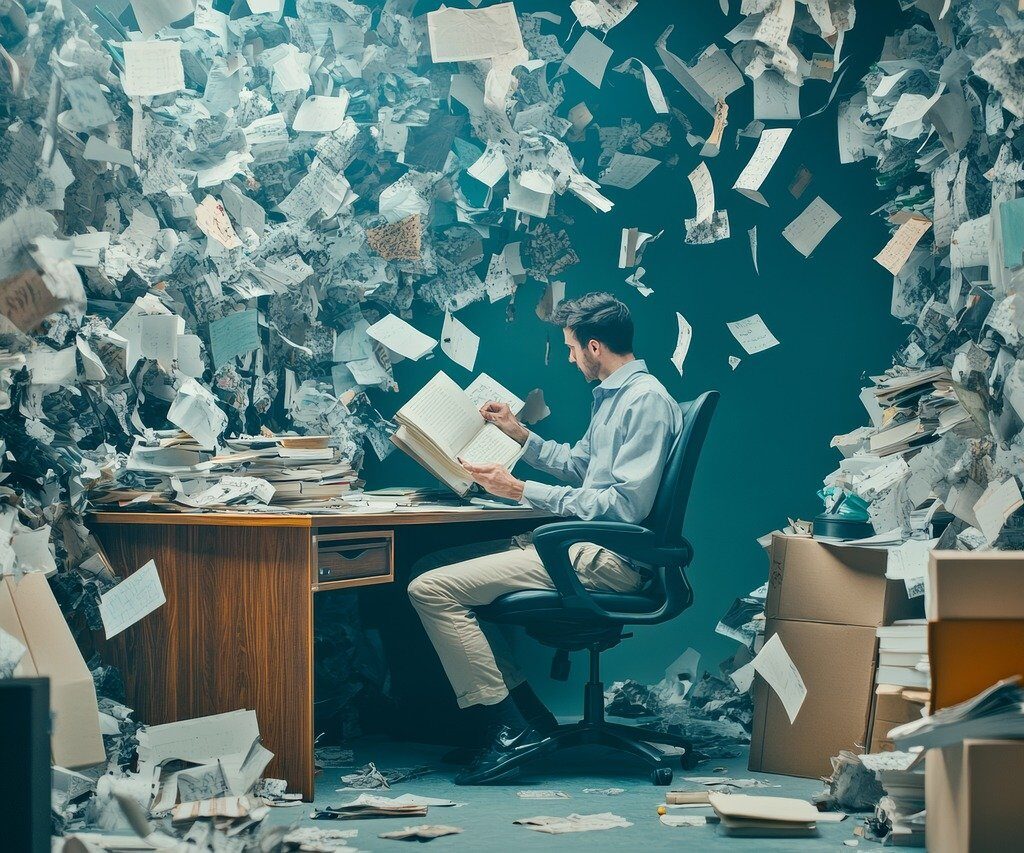 Man sitting reading a book with hundreds of pieces of papers flying around him in a messy room