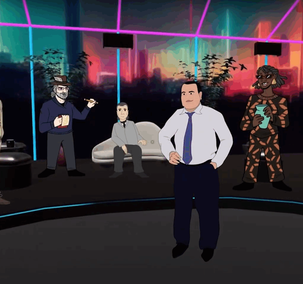 Animated scene of seven diverse characters standing and sitting in a futuristic lounge with neon lights and cityscape background.
