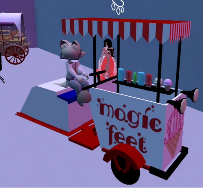 2 avatars in VRChat on the Ferry Godmother Roller Rink ice cream cart
