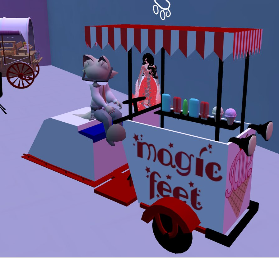 2 avatars in VRChat on the Ferry Godmother Roller Rink ice cream cart