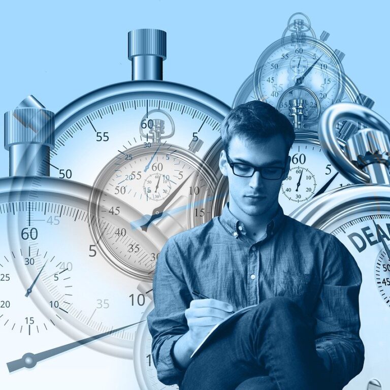 Man surrounded by clocks