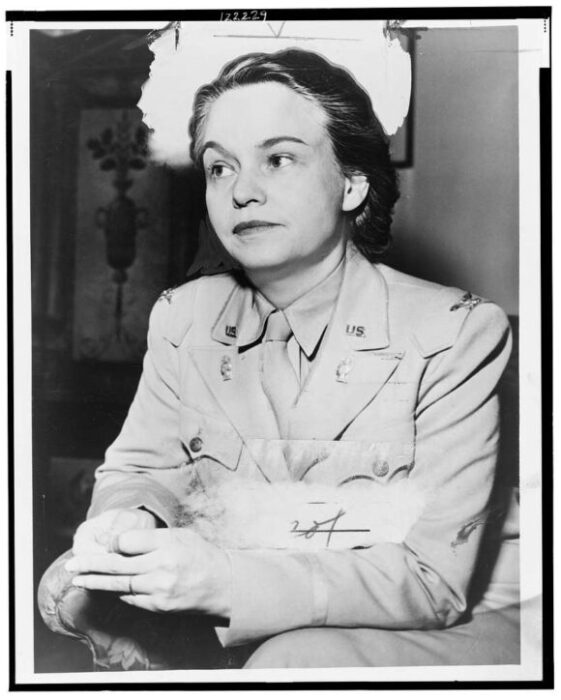 Black-and-white portrait of Oveta Culp Hobby seated in her U.S. Army uniform, looking slightly left with a calm, thoughtful expression.