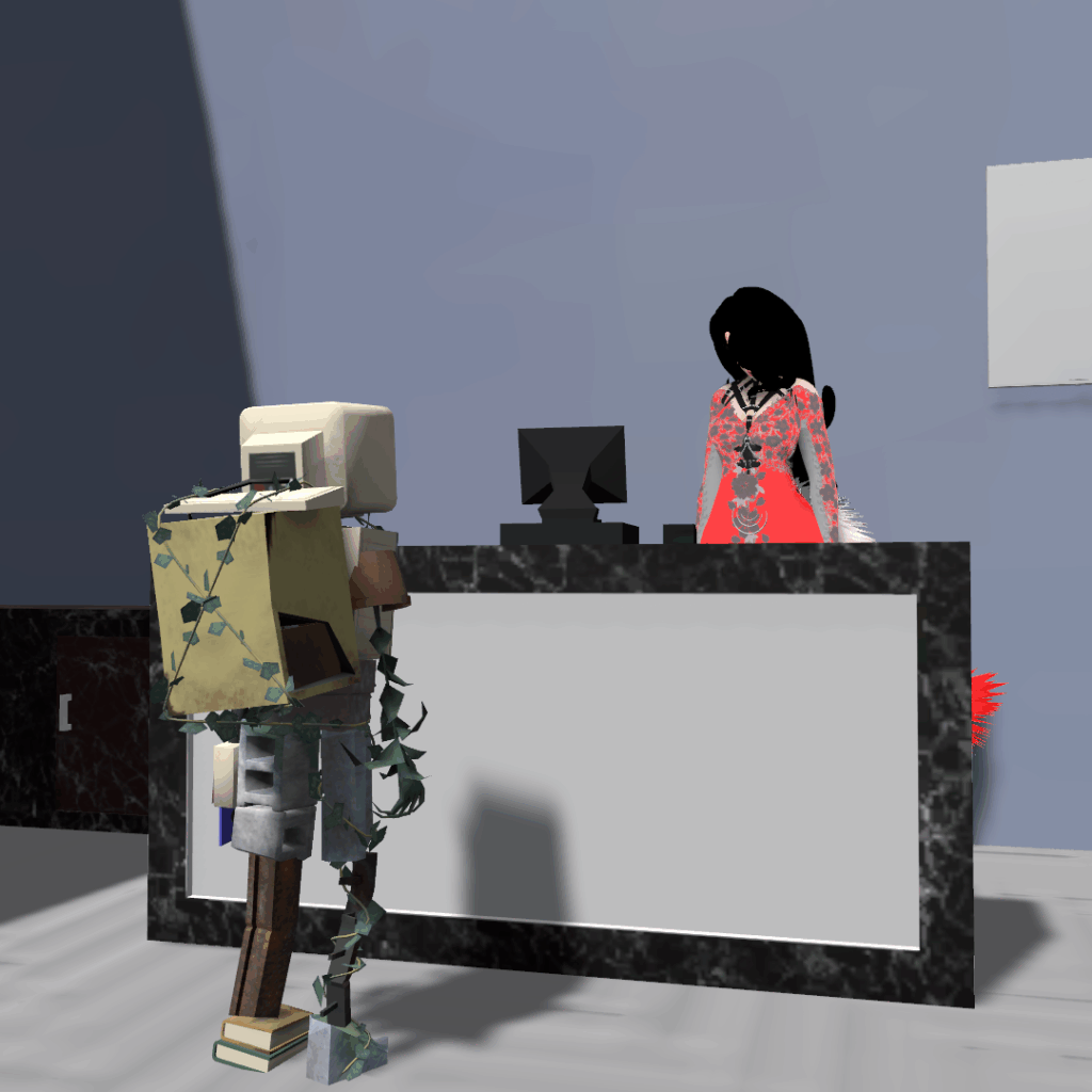 A 3D-rendered scene from a virtual world shows two characters interacting at a marble-front desk. One character, covered in vines and wearing a boxy backpack, stands on one side, while the other, dressed in an elegant red outfit, stands behind the counter near a computer monitor. The setting resembles a virtual reception or service area with minimalist walls and lighting.