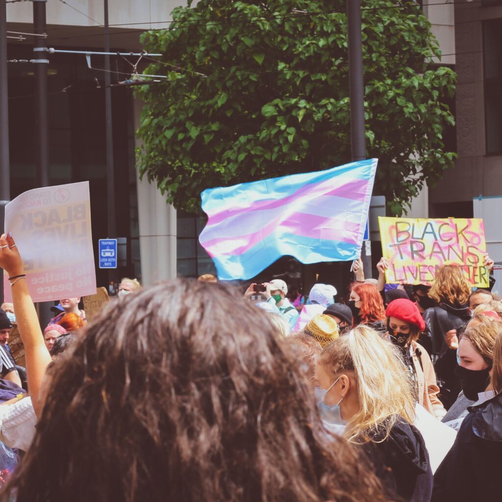Protesters holding transgender pride flags and Black Trans Lives Matter signs at a city demonstration